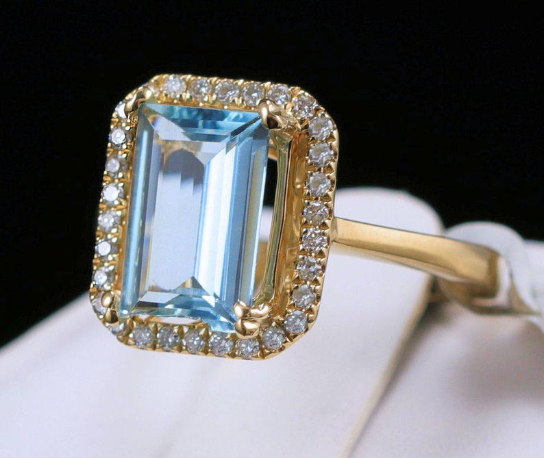 2 CT Emerald Cut Aquamarine Diamond 925 Sterling Silver Halo Wedding Ring