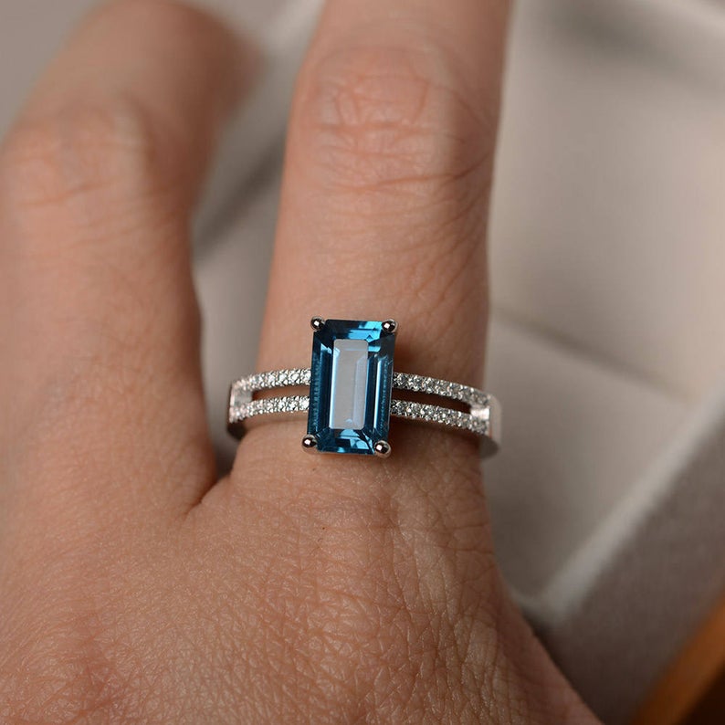 2.10 Ct Emerald Cut London Blue Topaz 925 Sterling Silver Solitaire W/Accents Engagement Ring