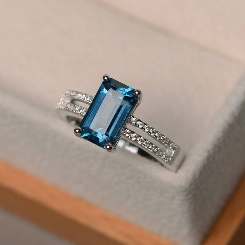 2.10 Ct Emerald Cut London Blue Topaz 925 Sterling Silver Solitaire W/Accents Engagement Ring