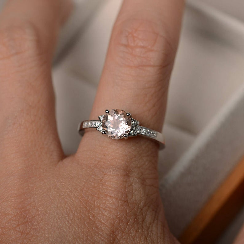 1.25 Ct Round Cut Peach Morganite & CZ Solitaire W/Accents Promise Gift Ring In 925 Sterling Silver