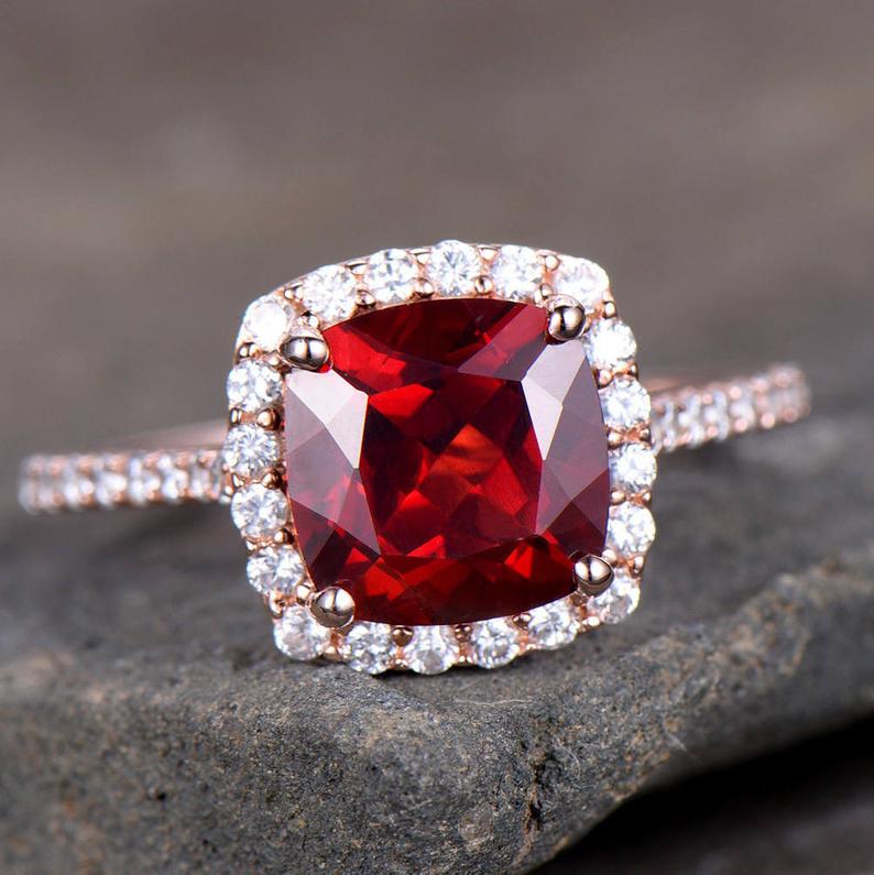 2 CT Cushion Cut Red Garnet Diamond Rose Gold Over On 925 Sterling Silver Halo Promise Ring