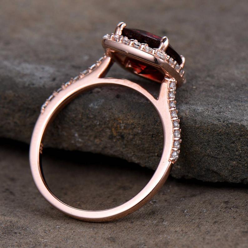 2 CT Cushion Cut Red Garnet Diamond Rose Gold Over On 925 Sterling Silver Halo Promise Ring