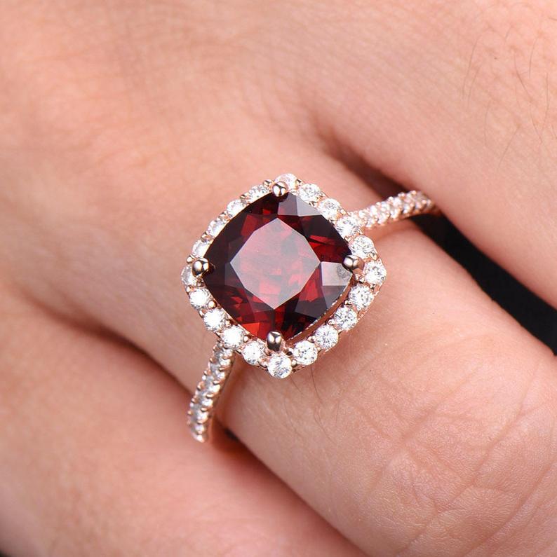 2 CT Cushion Cut Red Garnet Diamond Rose Gold Over On 925 Sterling Silver Halo Promise Ring
