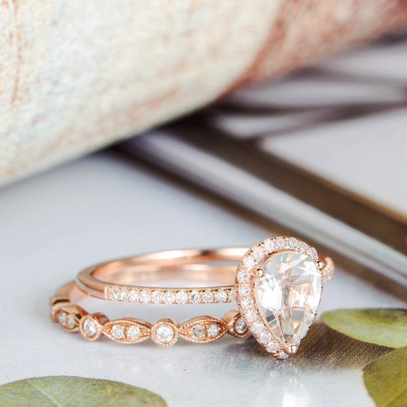 1 CT Pear Cut White Topaz Diamond Rose Gold Over On 925 Sterling Silver Women Halo Bridal Ring Set - atjewels.in
