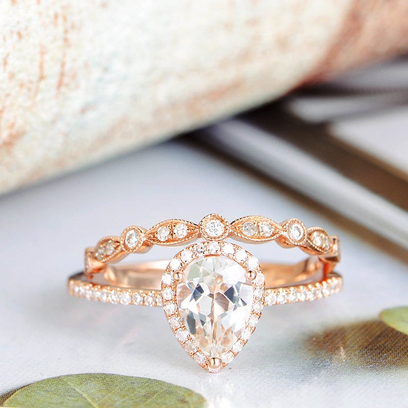 1 CT Pear Cut White Topaz Diamond Rose Gold Over On 925 Sterling Silver Women Halo Bridal Ring Set - atjewels.in