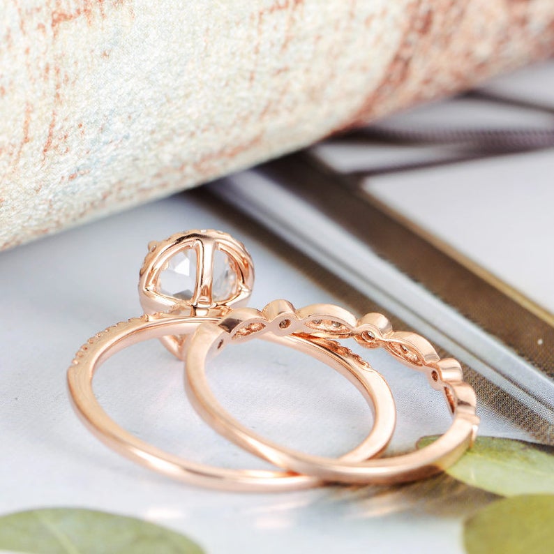 1 CT Pear Cut White Topaz Diamond Rose Gold Over On 925 Sterling Silver Women Halo Bridal Ring Set - atjewels.in