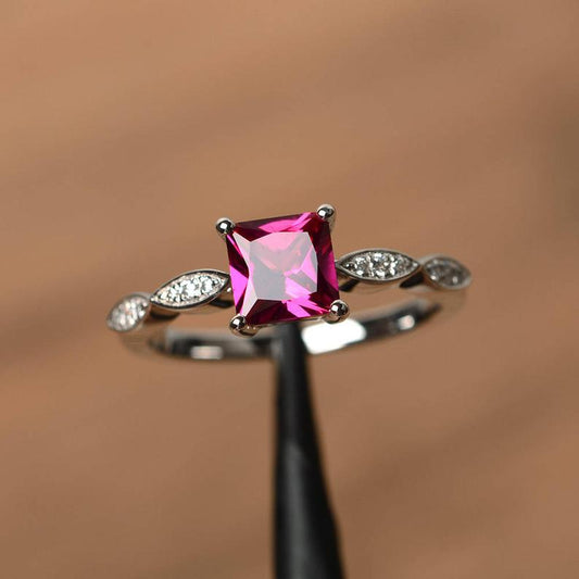 1.25 Ct Princess Cut Red Ruby Solitaire W/Accents Engagement Ring In 925 Sterling Silver