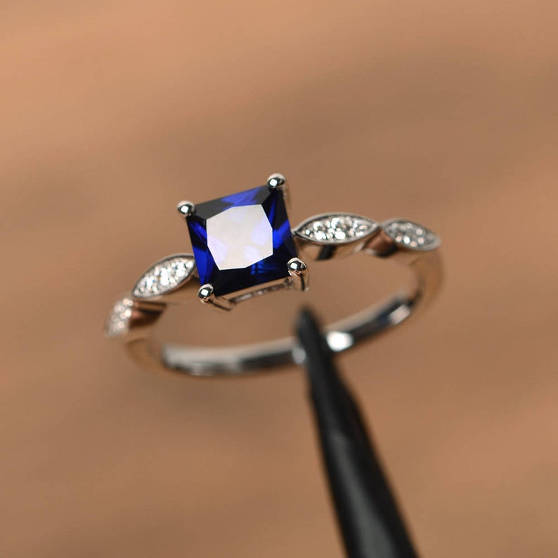 Ct Princess Cut Blue Sapphire Solitaire W/Accents Anniversary Gift  Ring In 925 Sterling Silver