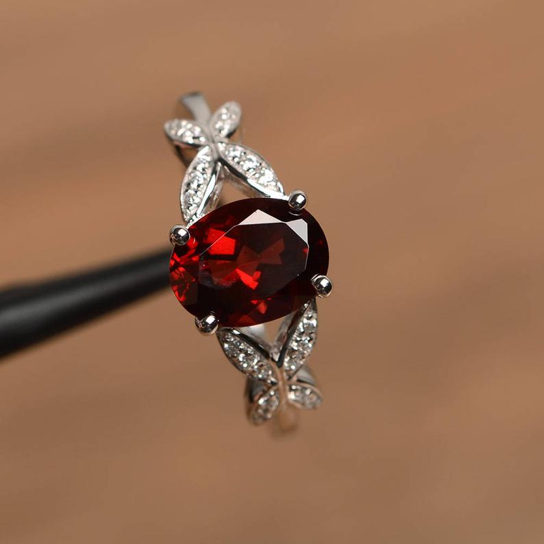 1.50 Ct Oval Cut Red Garnet 925 Sterling Silver Butterfly Solitaire W/Accents Promise Ring