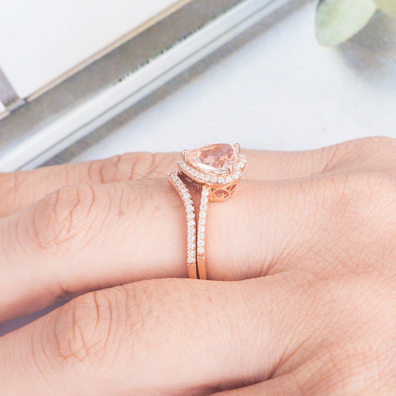 1 CT Heart Cut Morganite Diamond Rose Gold Over On 925 Sterling Silver Halo Wedding Ring