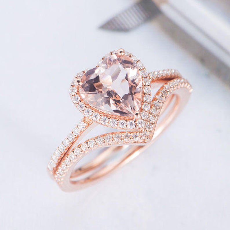 1 CT Heart Cut Morganite Diamond Rose Gold Over On 925 Sterling Silver Halo Wedding Ring