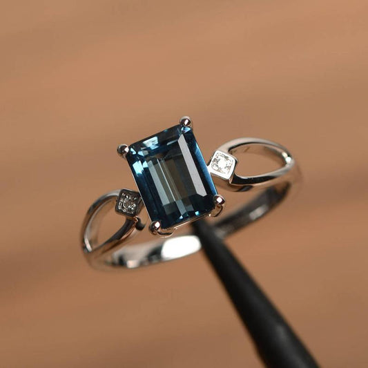 1.20 Ct Emerald Cut London Blue Topaz 925 Sterling Silver Three-Stone Promise Ring