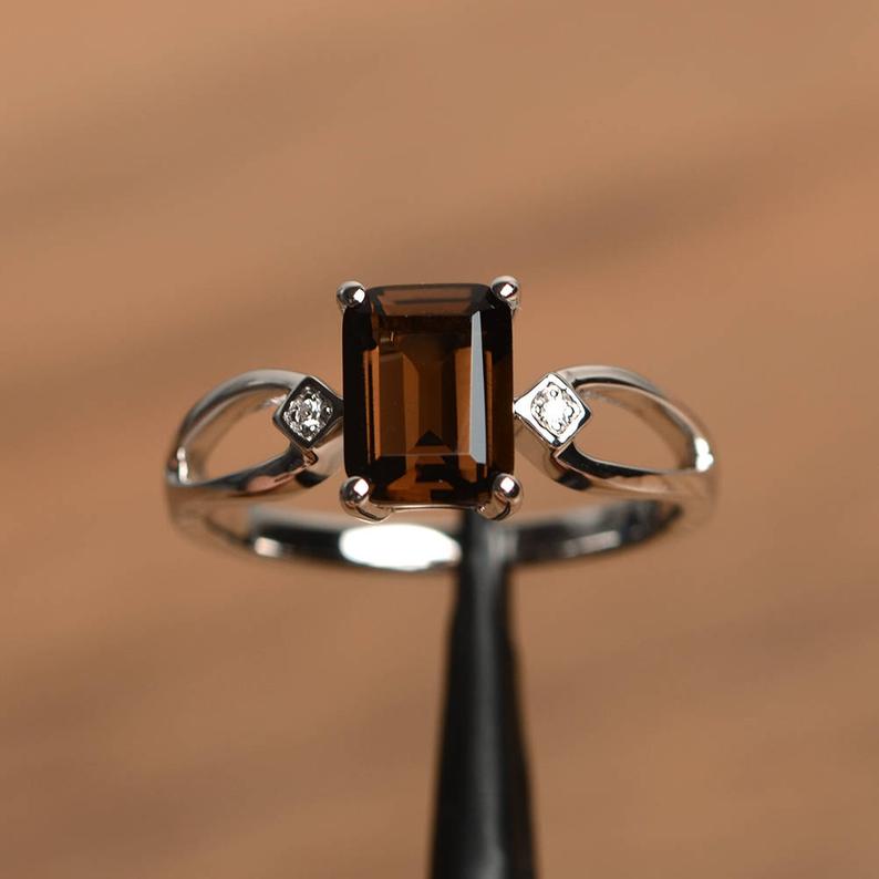 1.50 Ct Emerald Cut Smoky Quartz 925 Sterling Silver Split Shank Anniversary Gift Ring For Her