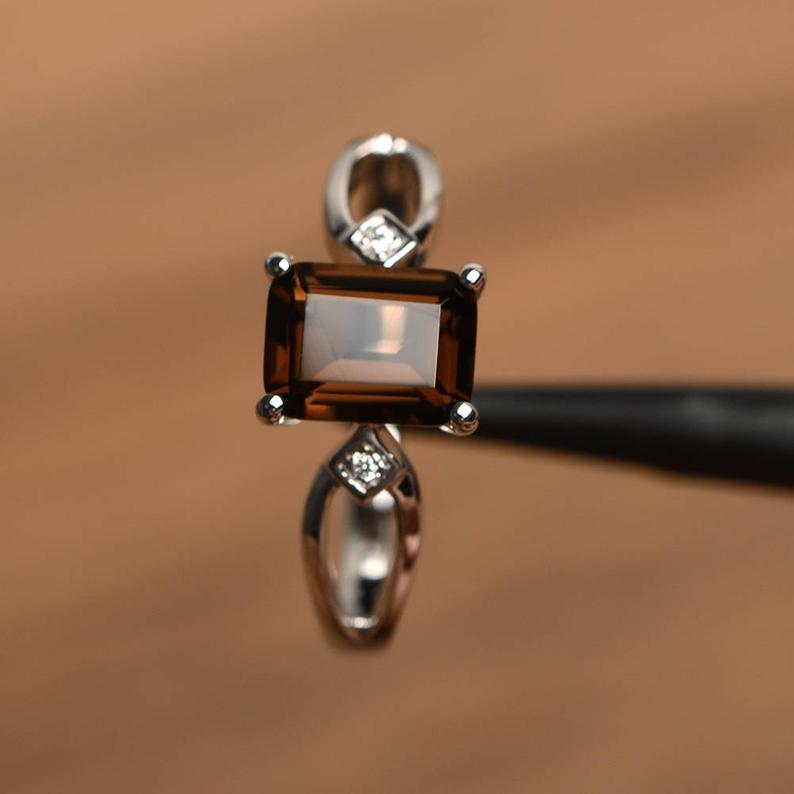 1.50 Ct Emerald Cut Smoky Quartz 925 Sterling Silver Split Shank Anniversary Gift Ring For Her