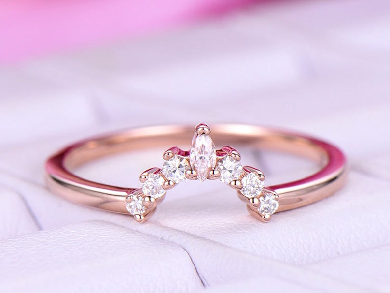0.75 Ct Marquise & Round Cut Diamond Rose Gold Over 925 Sterling Silver Curve Engagement Band Ring
