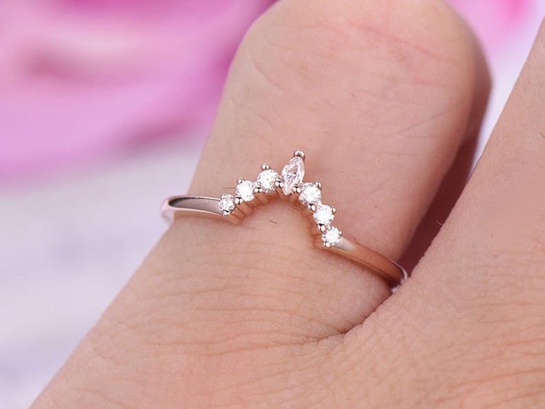 0.75 Ct Marquise & Round Cut Diamond Rose Gold Over 925 Sterling Silver Curve Engagement Band Ring