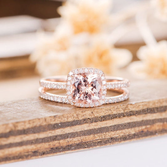 1 CT Cushion Cut Morganite Diamond 925 Sterling Silver Anniversary Bridal Ring Set