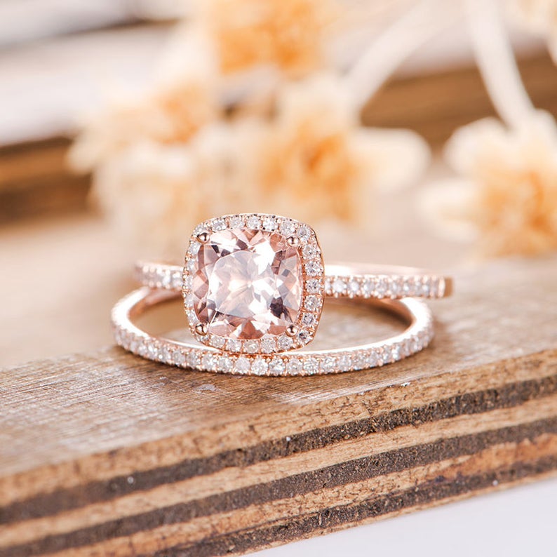1 CT Cushion Cut Morganite Diamond 925 Sterling Silver Anniversary Bridal Ring Set