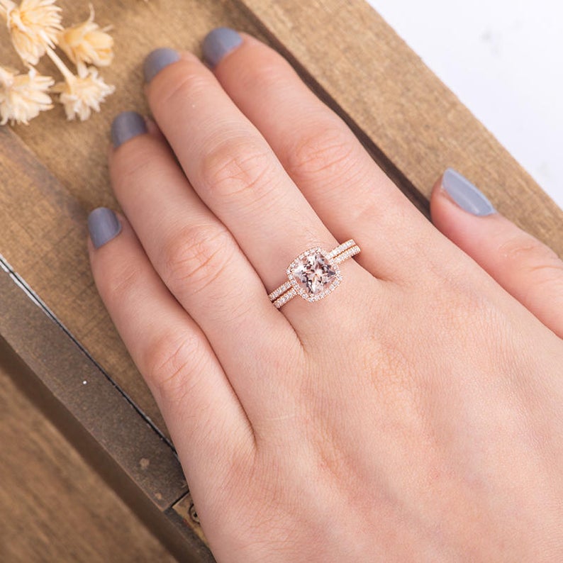 1 CT Cushion Cut Morganite Diamond 925 Sterling Silver Anniversary Bridal Ring Set