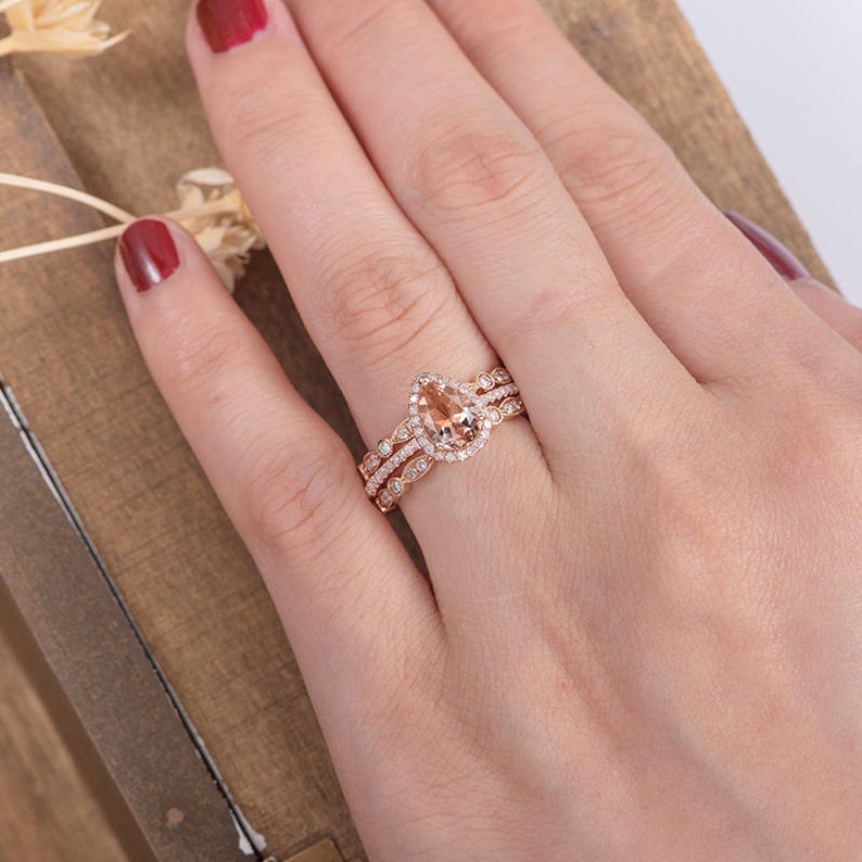 2 CT Pear Cut Morganite Diamond 925 Sterling Silver Halo Women Anniversary Gift Trio Ring Set