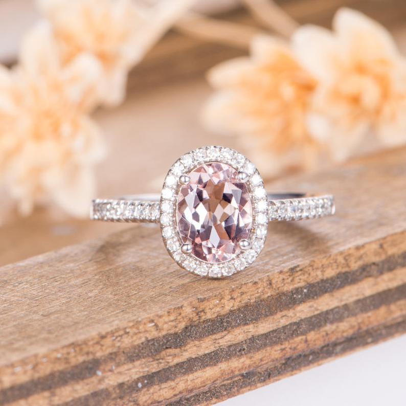 2 CT Oval Cut Morganite Diamond White Gold Over On 925 Sterling Silver Women Halo Engagement Ring