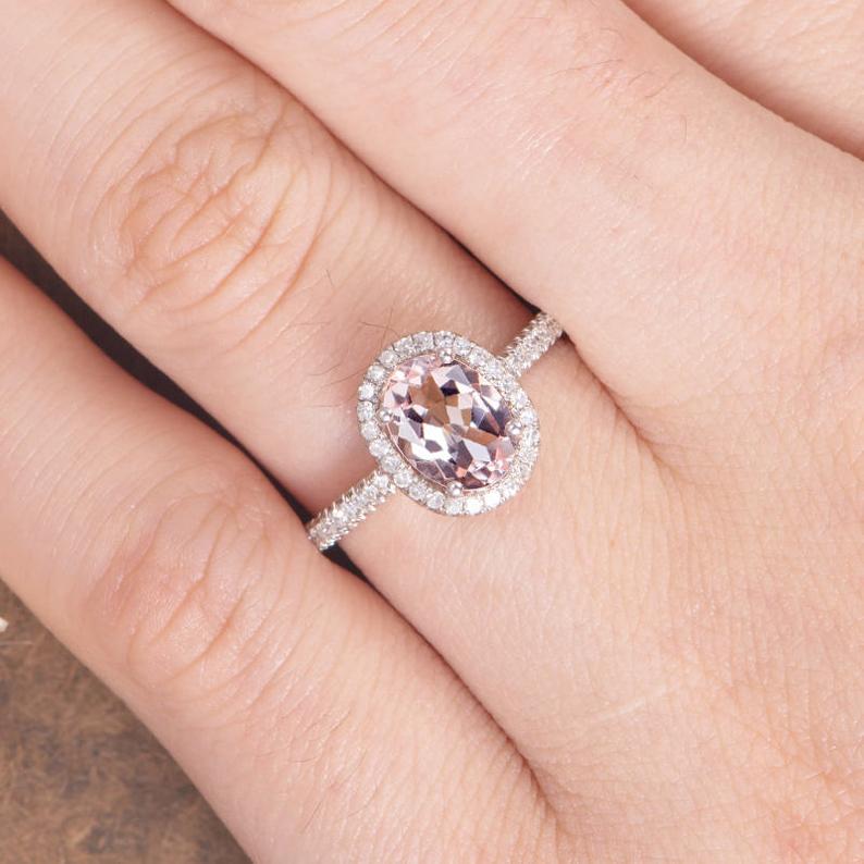 2 CT Oval Cut Morganite Diamond White Gold Over On 925 Sterling Silver Women Halo Engagement Ring