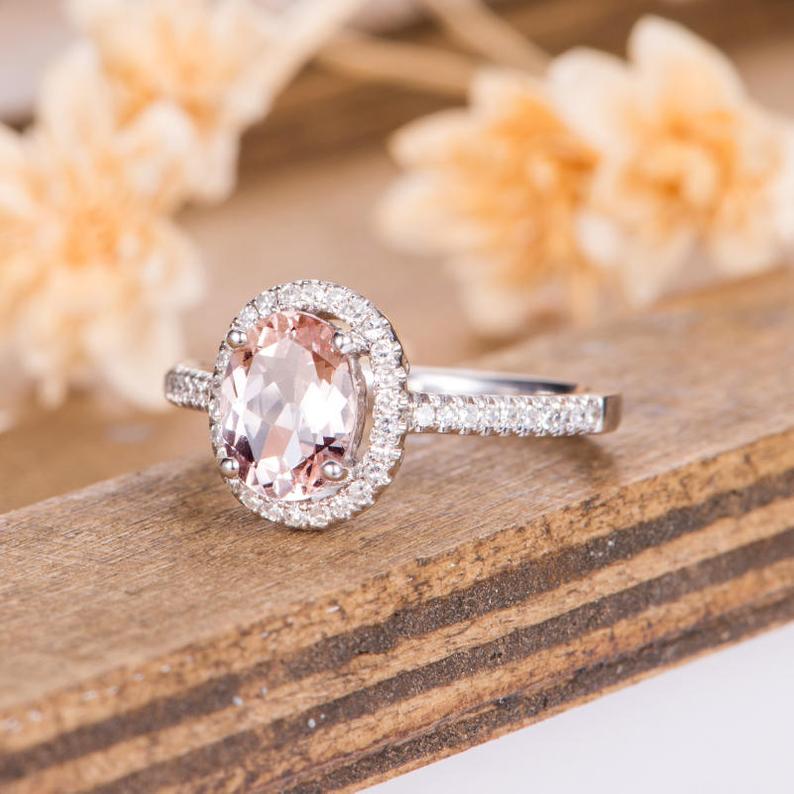 2 CT Oval Cut Morganite Diamond White Gold Over On 925 Sterling Silver Women Halo Engagement Ring
