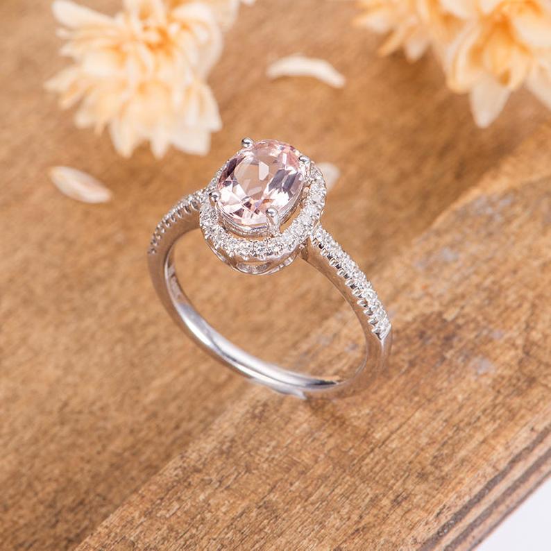 2 CT Oval Cut Morganite Diamond White Gold Over On 925 Sterling Silver Women Halo Engagement Ring