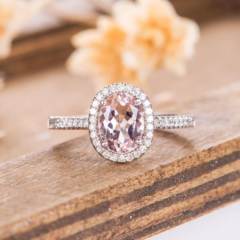 2 CT Oval Cut Morganite Diamond White Gold Over On 925 Sterling Silver Women Halo Engagement Ring