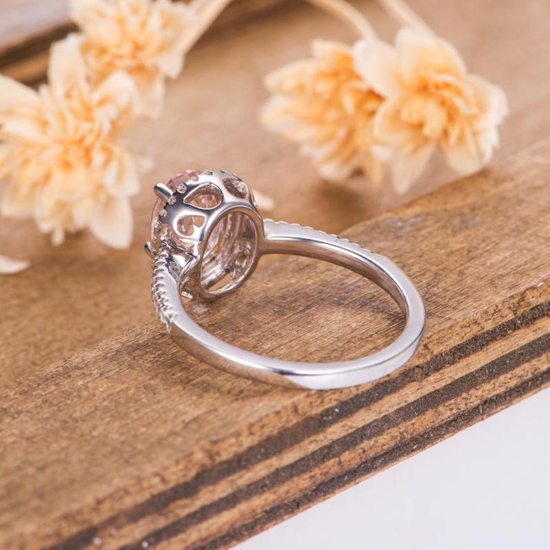 2 CT Oval Cut Morganite Diamond White Gold Over On 925 Sterling Silver Women Halo Engagement Ring