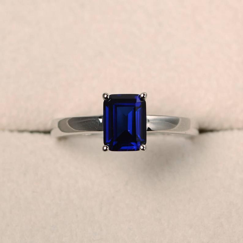 1 Ct Emerald Cut Blue Sapphire 925 Sterling Silver September Birthstone Solitaire Ring