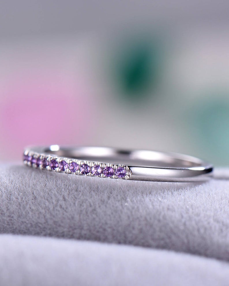 1 CT Round Cut Amethyst Diamond 925 Sterling Silver Half Eternity Wedding Band Ring