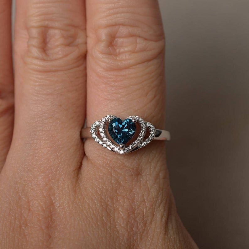 2 Ct Heart Cut London Blue Topaz Halo Engagement Ring In 925 Sterling Silver