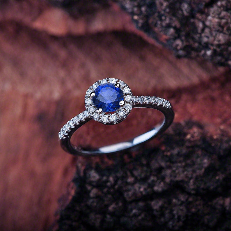1 CT Round Cut Blue Sapphire Diamond 925 Sterling Silver  Halo Engagement Ring