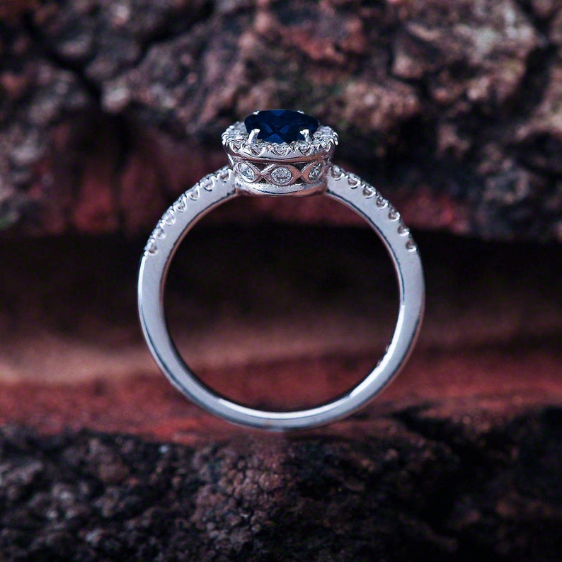 1 CT Round Cut Blue Sapphire Diamond 925 Sterling Silver  Halo Engagement Ring