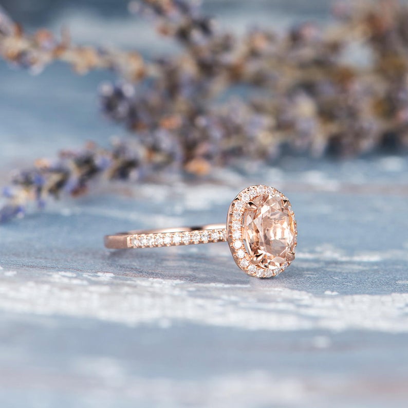 1 CT Oval Cut Morganite Diamond Rose Gold Over On 925 Sterling Silver Women Halo Wedding Ring