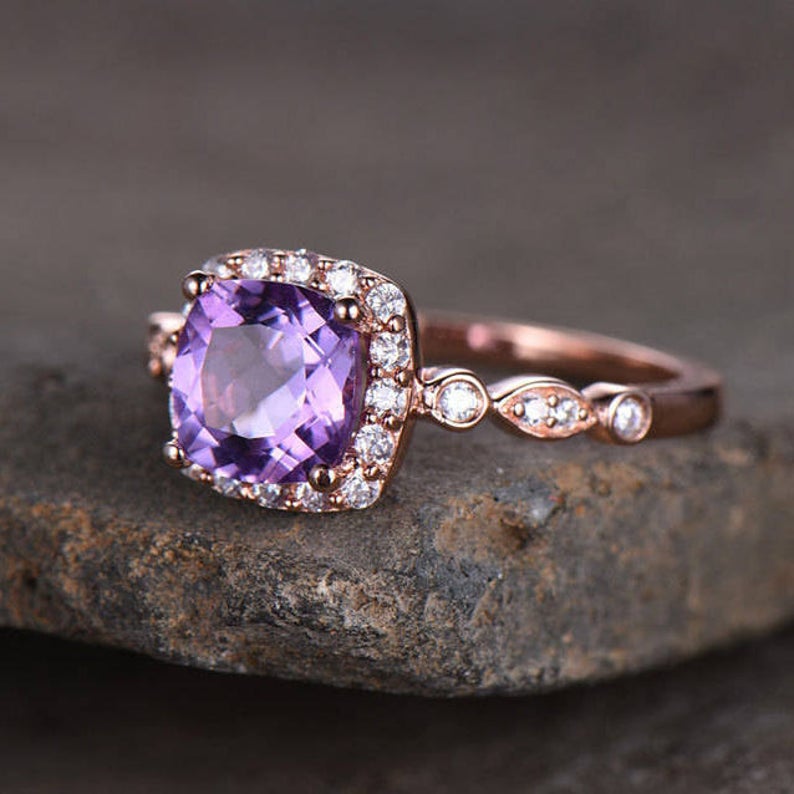 1.75 Ct Cushion Cut Purple Amethyst Rose Gold Over On 925 Sterling Silver Halo Promise Ring