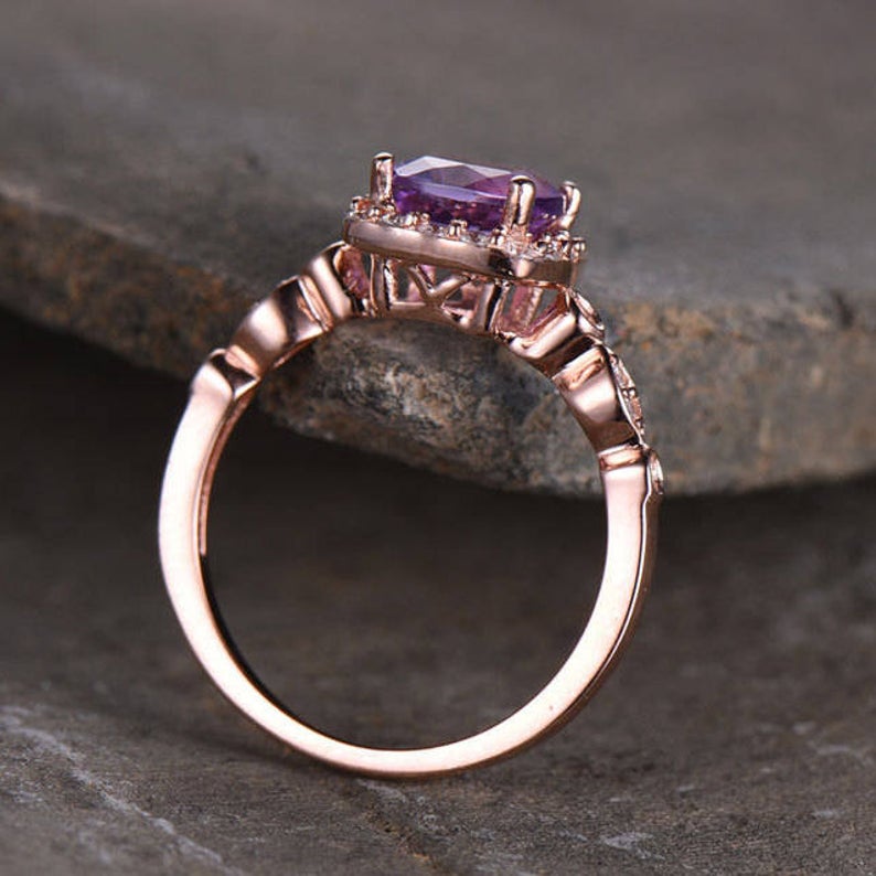 1.75 Ct Cushion Cut Purple Amethyst Rose Gold Over On 925 Sterling Silver Halo Promise Ring