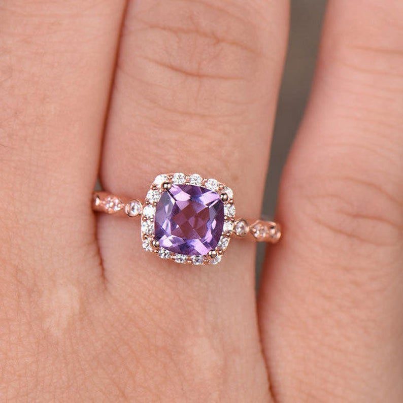 1.75 Ct Cushion Cut Purple Amethyst Rose Gold Over On 925 Sterling Silver Halo Promise Ring