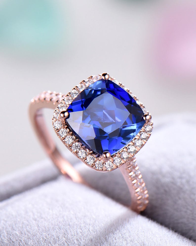2 CT Cushion Cut Blue Sapphire Diamond 925 Sterling Silver Halo Women Wedding Ring