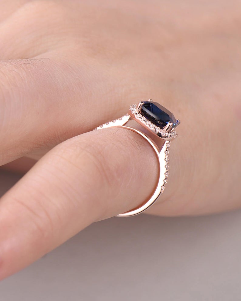 2 CT Cushion Cut Blue Sapphire Diamond 925 Sterling Silver Halo Women Wedding Ring