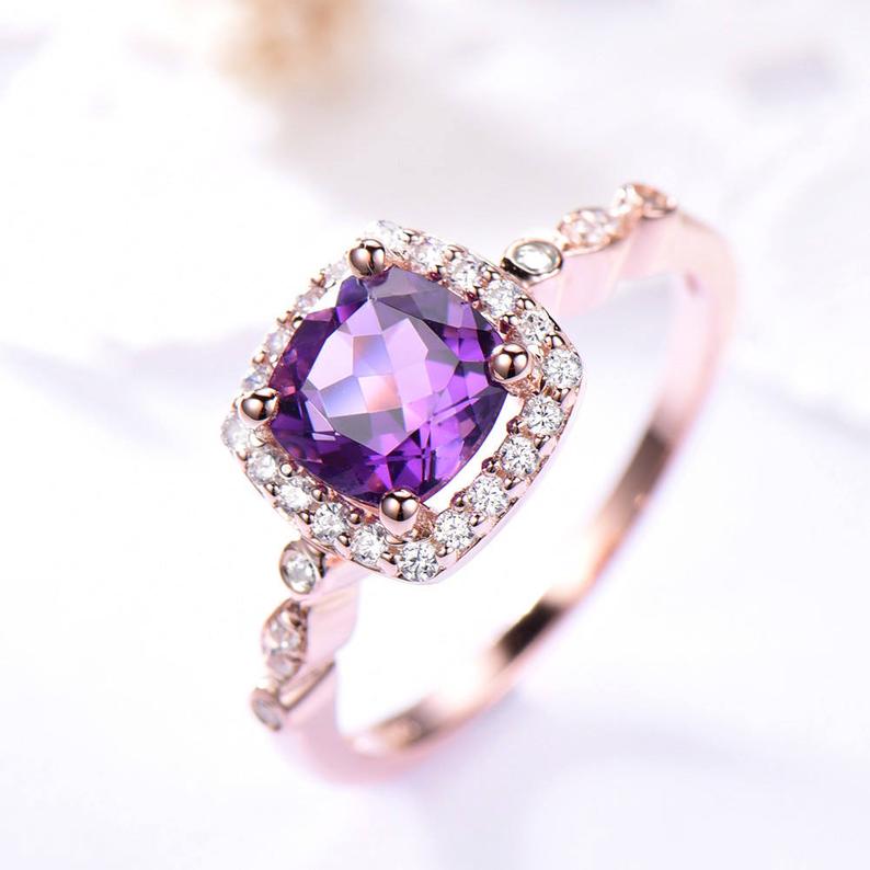 2 CT Cushion Cut Amethyst CZ Diamond 925 Sterling Silver Women Anniversary Gift for her