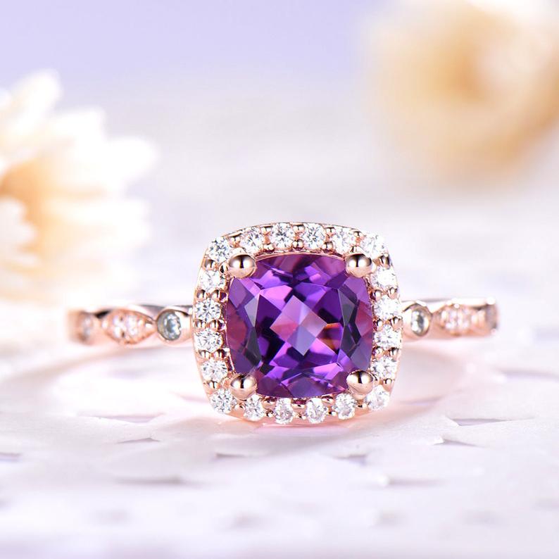 2 CT Cushion Cut Amethyst CZ Diamond 925 Sterling Silver Women Anniversary Gift for her