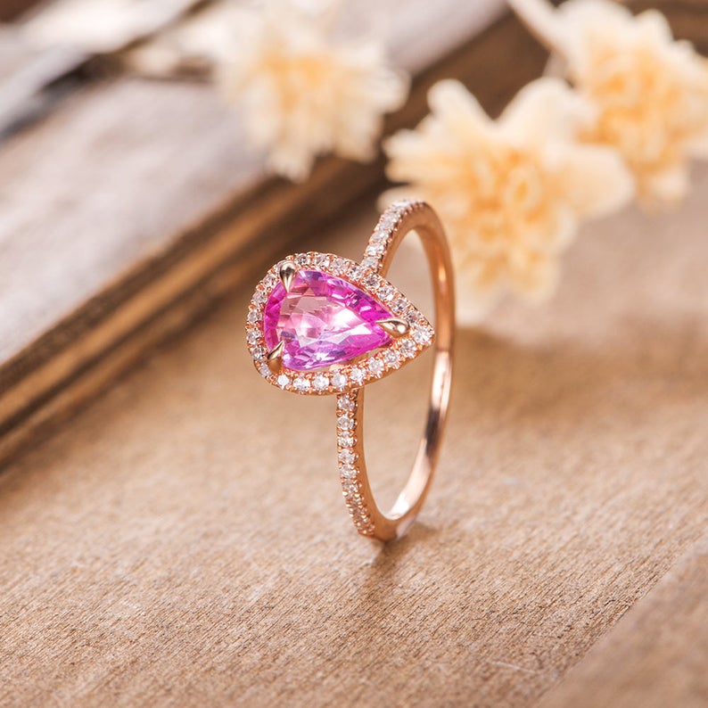 1 CT Pear Cut Pink Sapphire Diamond 925 Sterling Silver Women Halo Anniversary Gift For Her