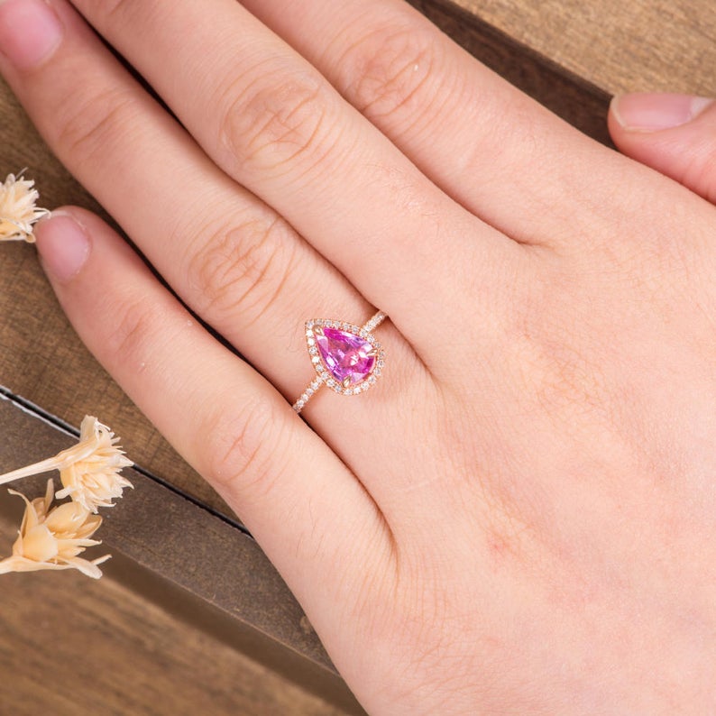 1 CT Pear Cut Pink Sapphire Diamond 925 Sterling Silver Women Halo Anniversary Gift For Her