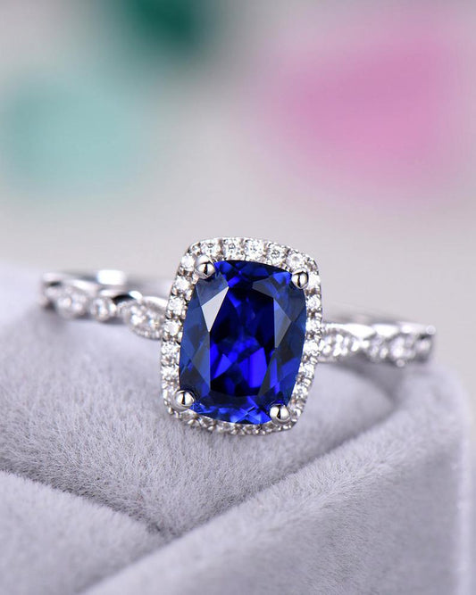2.20 Ct Cushion Cut Blue Sapphire 925 Sterling Silver Halo Engagement Wedding Ring