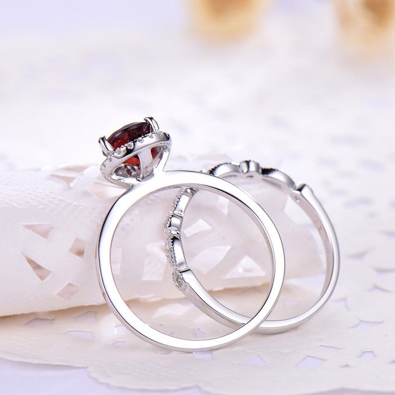 2.25 Ct Pear Cut Red Garnet White Gold Over On 925 Sterling Silver Engagement Bridal Ring Set