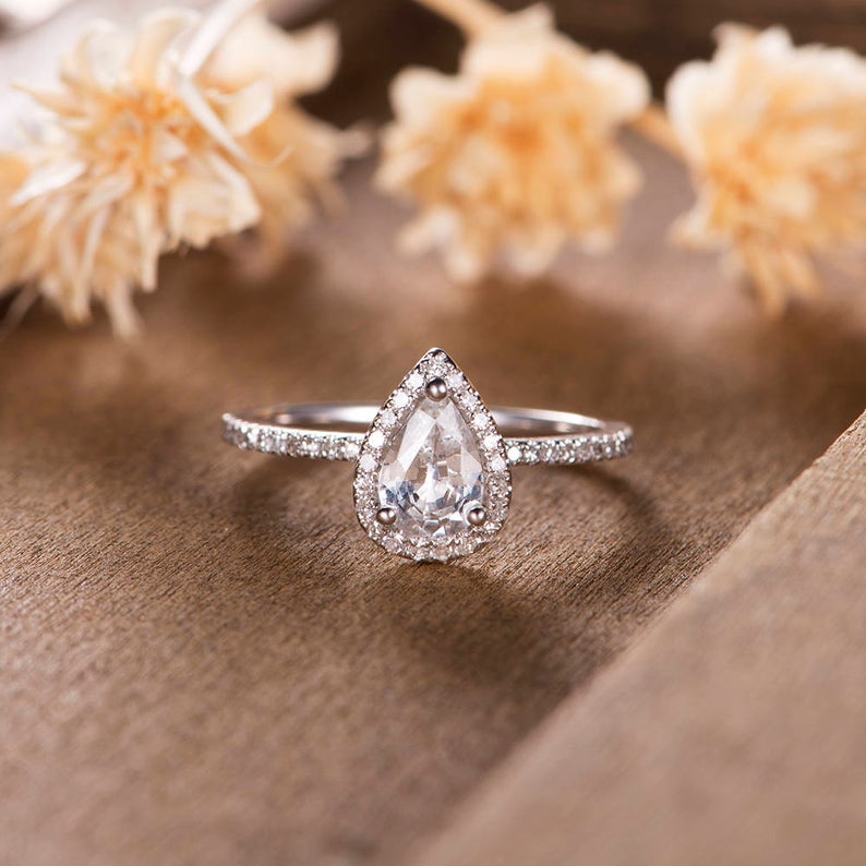 1 CT Pear Cut White Sapphire Diamond 925 Sterling Silver Halo Anniversary Ring Gift For Her - atjewels.in