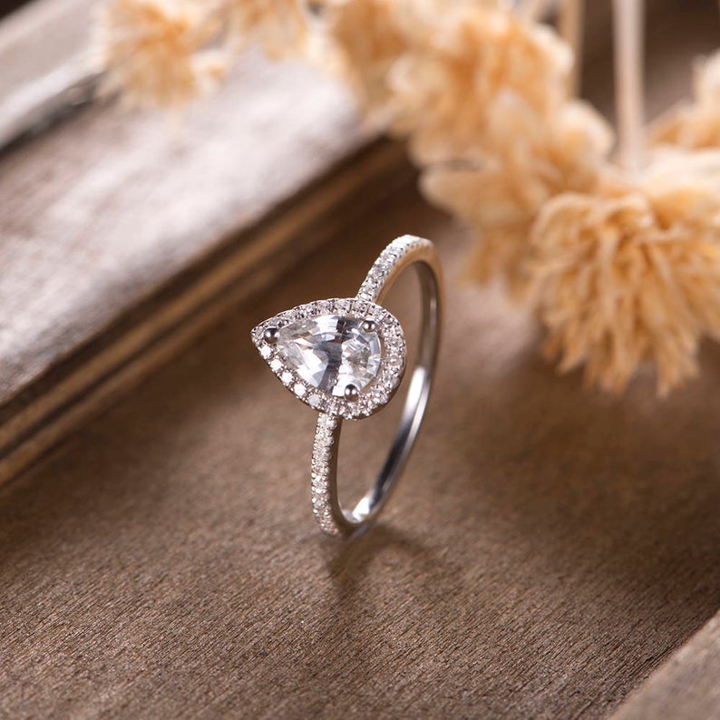 1 CT Pear Cut White Sapphire Diamond 925 Sterling Silver Halo Anniversary Ring Gift For Her - atjewels.in
