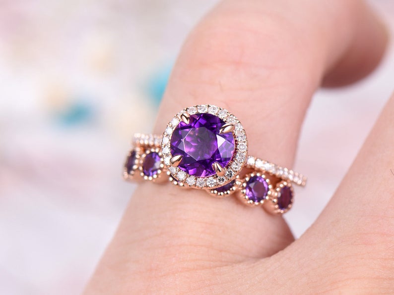 1 CT Round Cut Amethyst Diamond Rose Gold Over On 925 Sterling Silver Wedding Band Bridal Ring Set